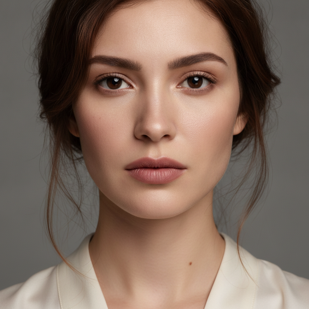 Beauty portrait with natural skin texture preserved, the result traditional photo editing achieves through frequency separation retouching