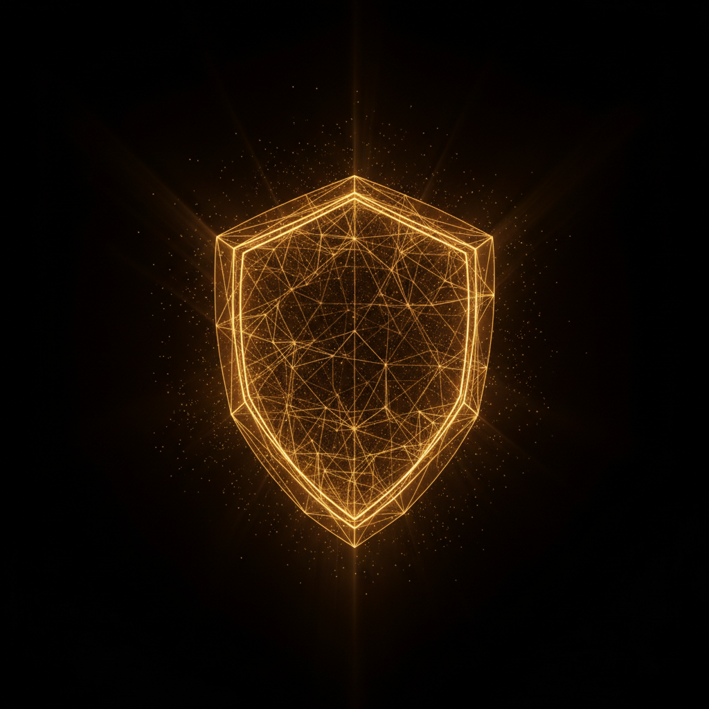 Abstract amber wireframe shield hologram floating in a dark void with drifting golden particles, generated by a privacy-first AI image tool