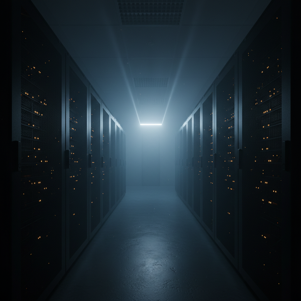 Dark data centre aisle at night, two rows of server racks studded with amber status LEDs receding into cool blue haze and a single overhead light