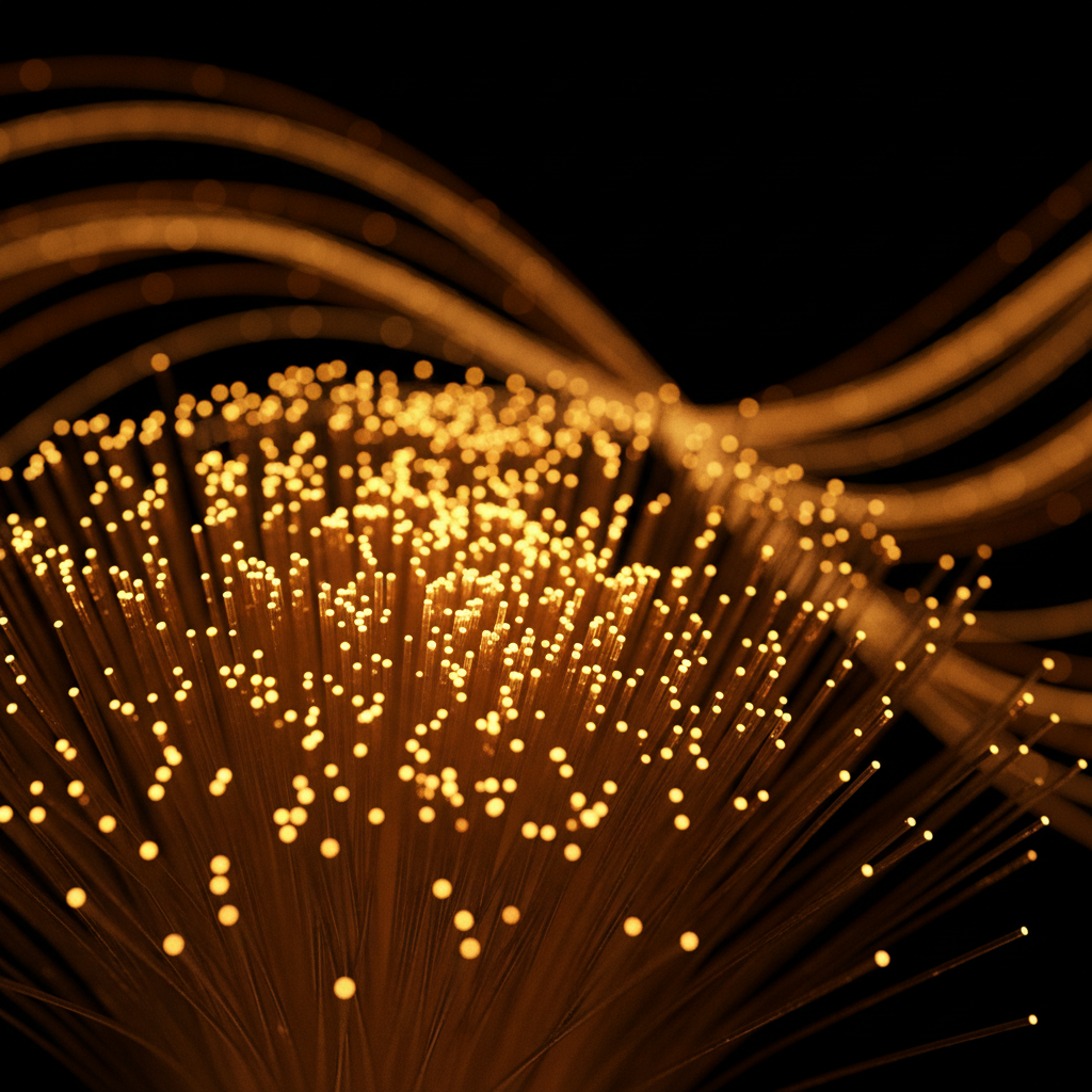 Macro close-up of a bundle of fibre optic cable ends glowing gold and amber against pure black, an encryption and data protection visual