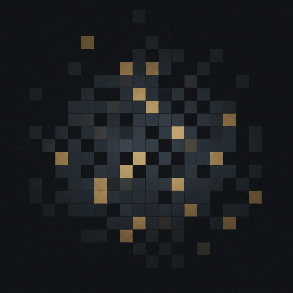 Abstract mosaic of softly blurred pixel blocks in charcoal, slate and gold dissolving toward the edges, representing anonymised image data