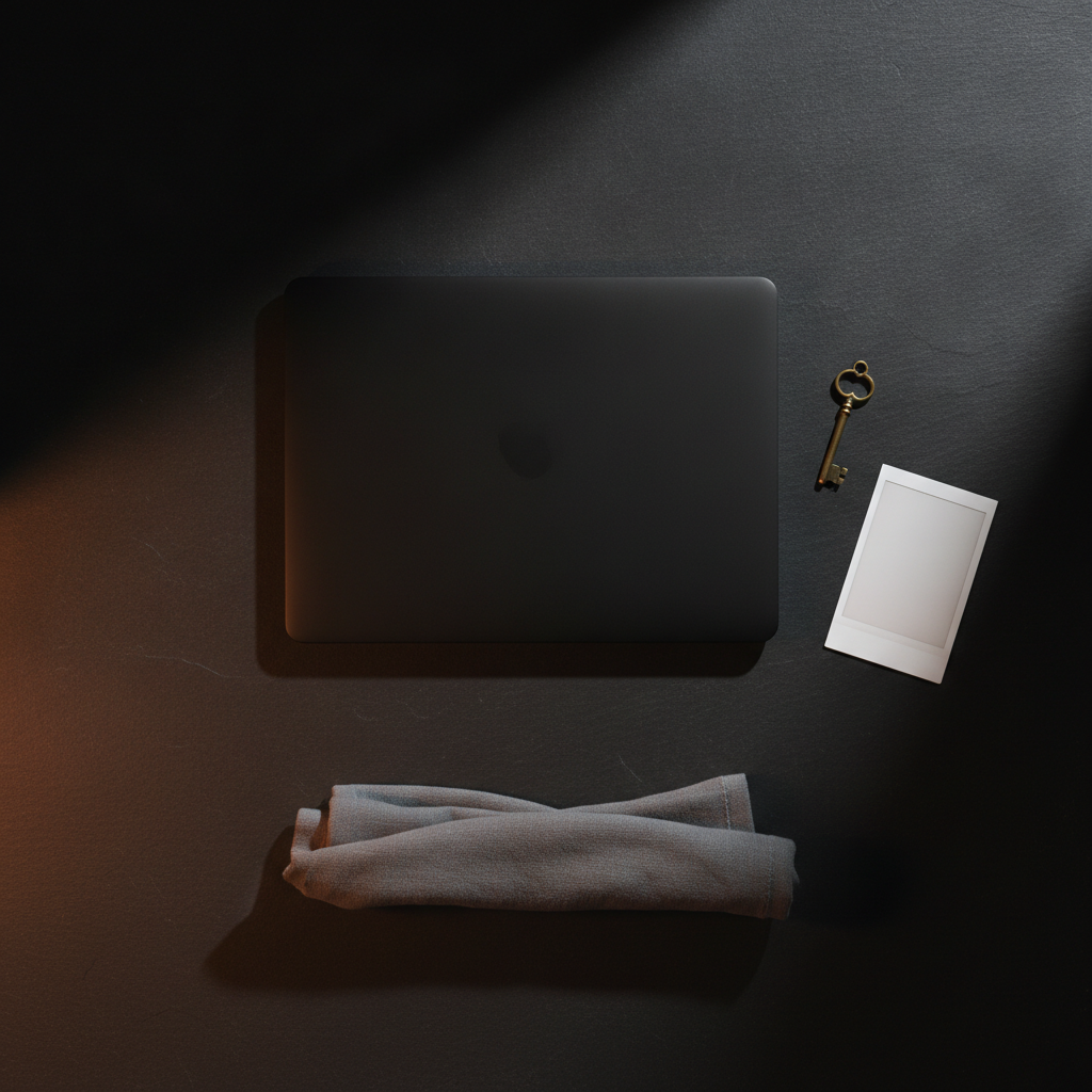 Overhead flat lay on a dark slate desk with a closed matte black laptop, a brass key and a blank instant photo print under warm amber light