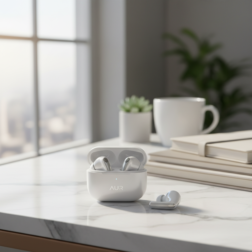 AI product image enhancer lifestyle output of wireless earbuds on a marble desk in soft morning light
