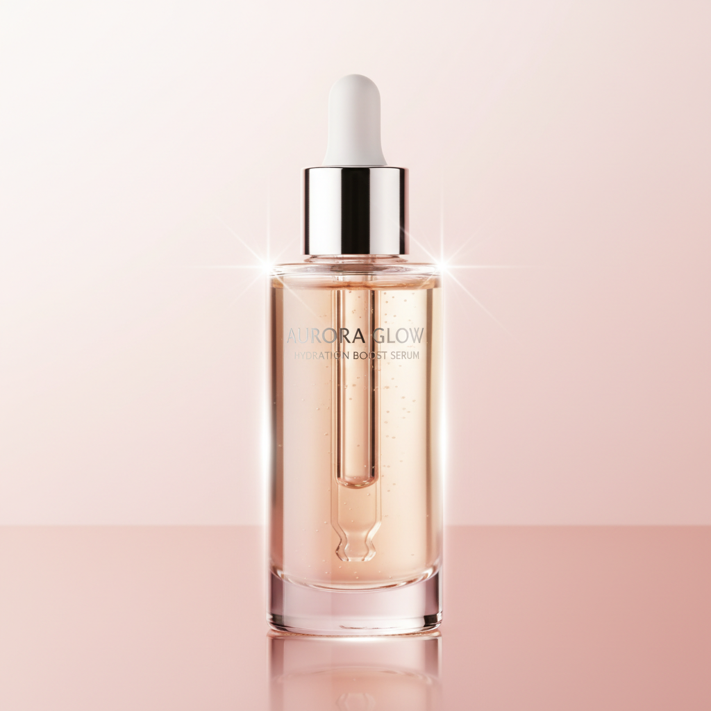 AI product image enhancer output — glossy skincare serum bottle on a pastel pink gradient background