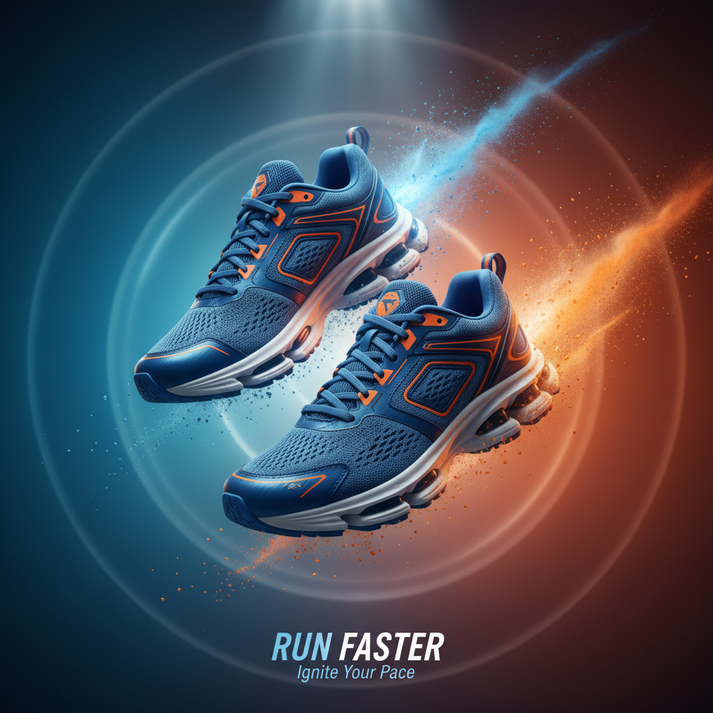 AI product image enhancer dynamic hero output of running sneakers with motion blur on a vibrant gradient background