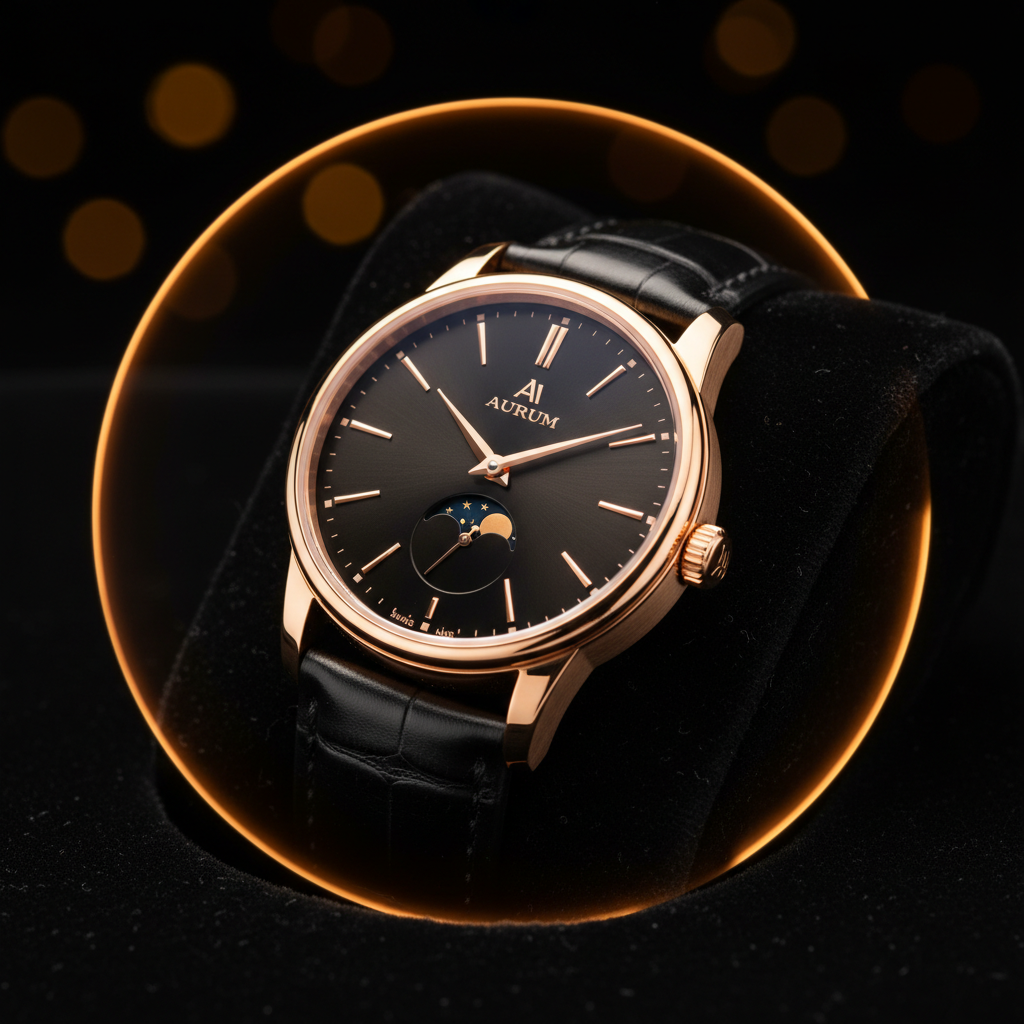 AI product image enhancer output — luxury wristwatch on black velvet with dramatic golden rim lighting