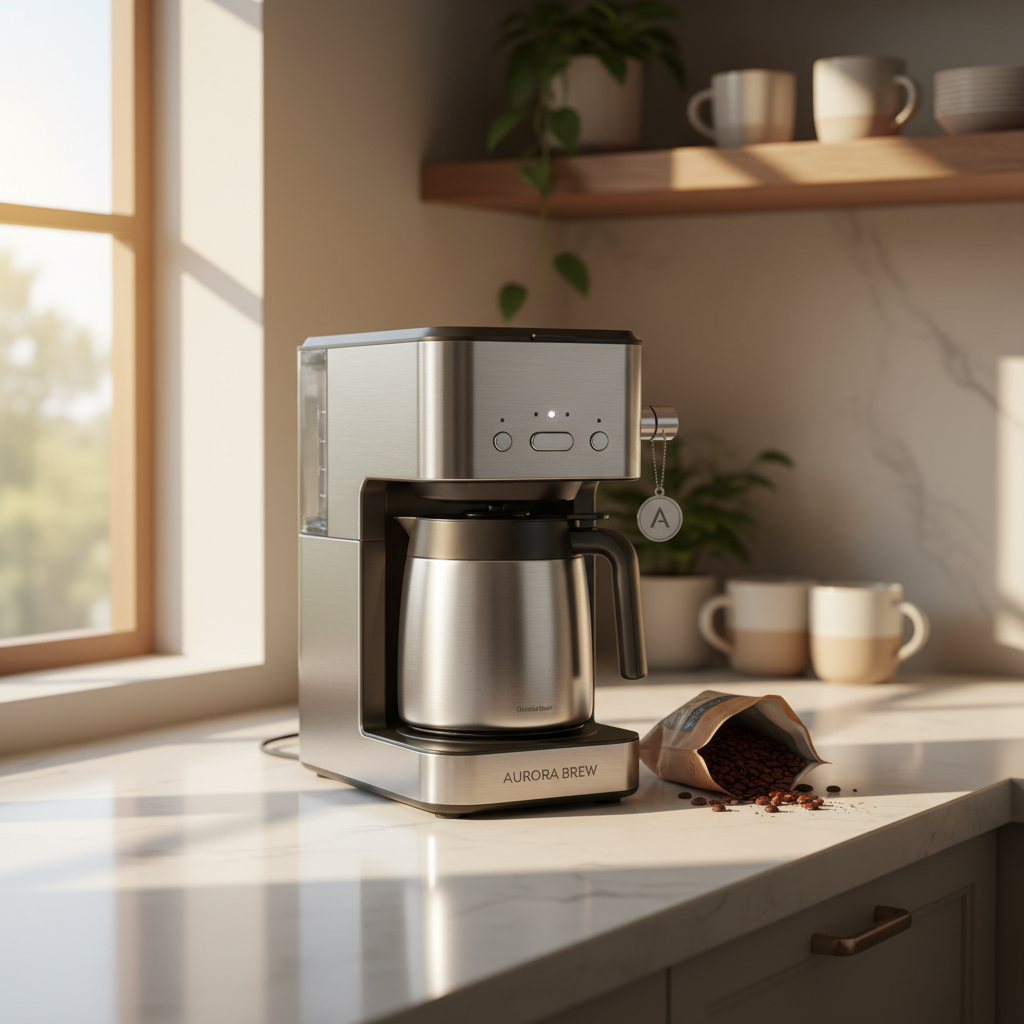 AI product image enhancer lifestyle output of a modern coffee maker on a clean countertop in morning light