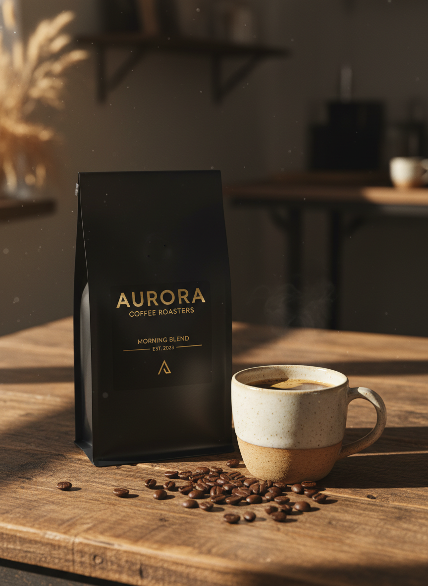 AI product image generator matte black specialty coffee bag with kraft label on rustic wood with whole beans scattered around, warm packaging ecommerce hero