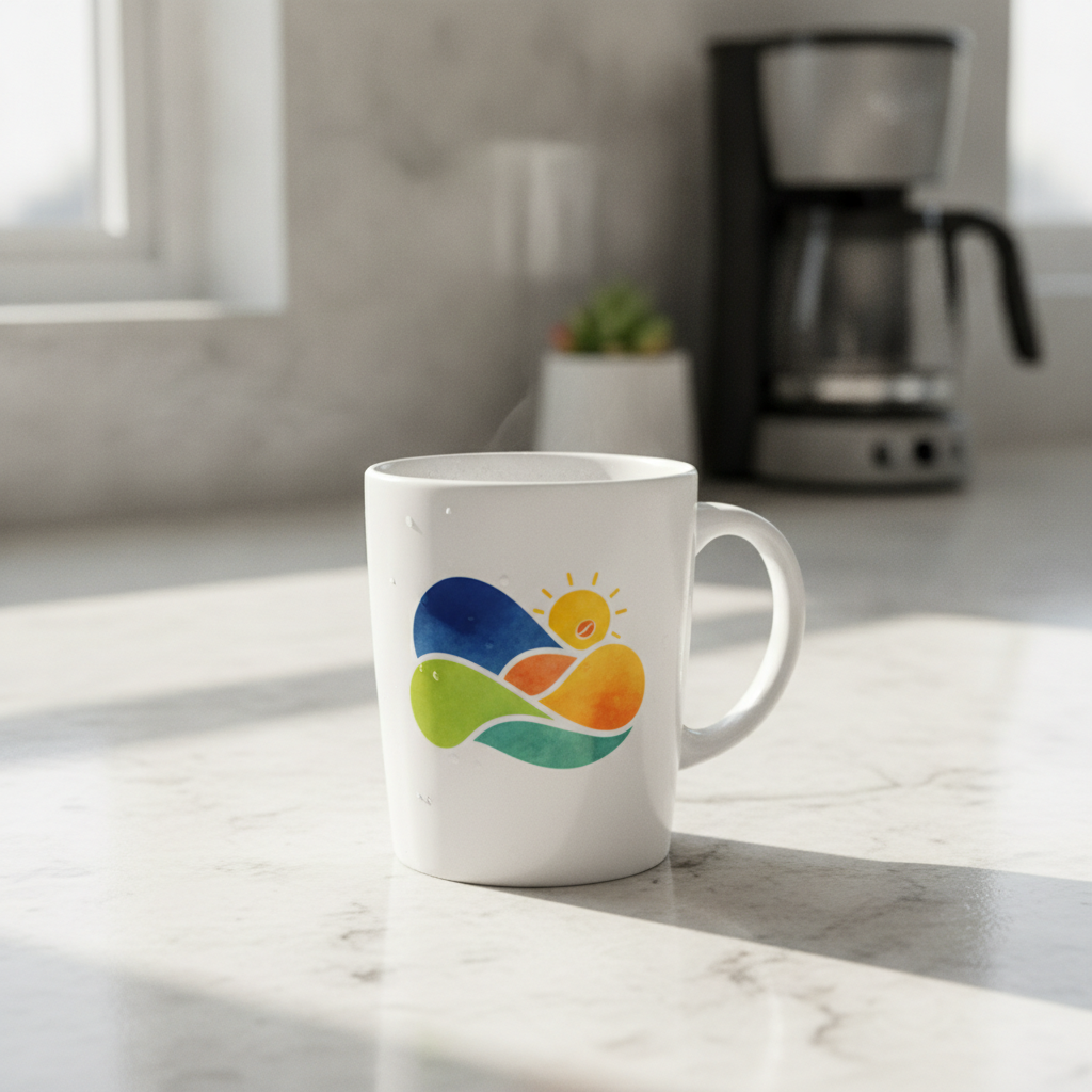 AI product mockup generator result — a white ceramic coffee mug with a printed logo on a kitchen counter