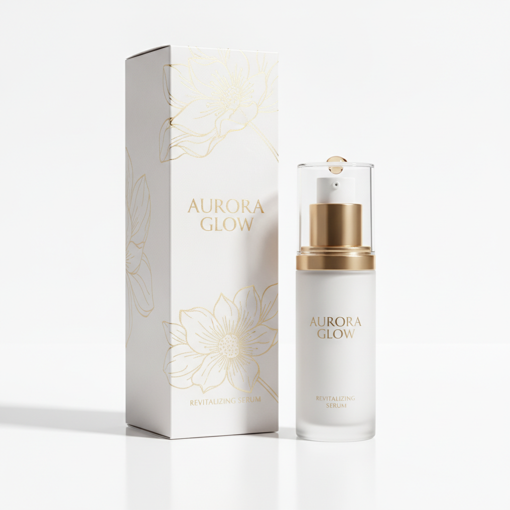 AI product mockup generator result — a cosmetic packaging box and bottle with elegant branding in a clean studio shot