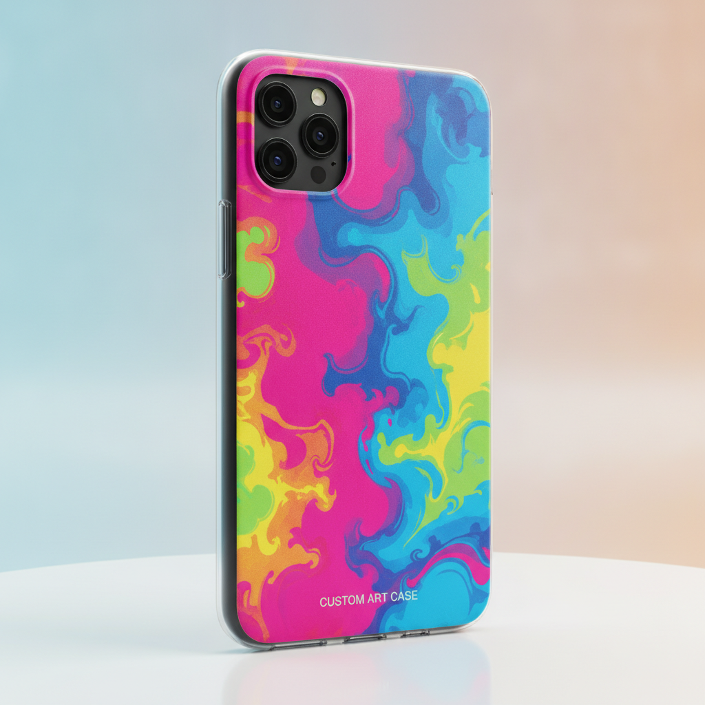 AI product mockup generator result — a smartphone case with a custom art design on a gradient studio background