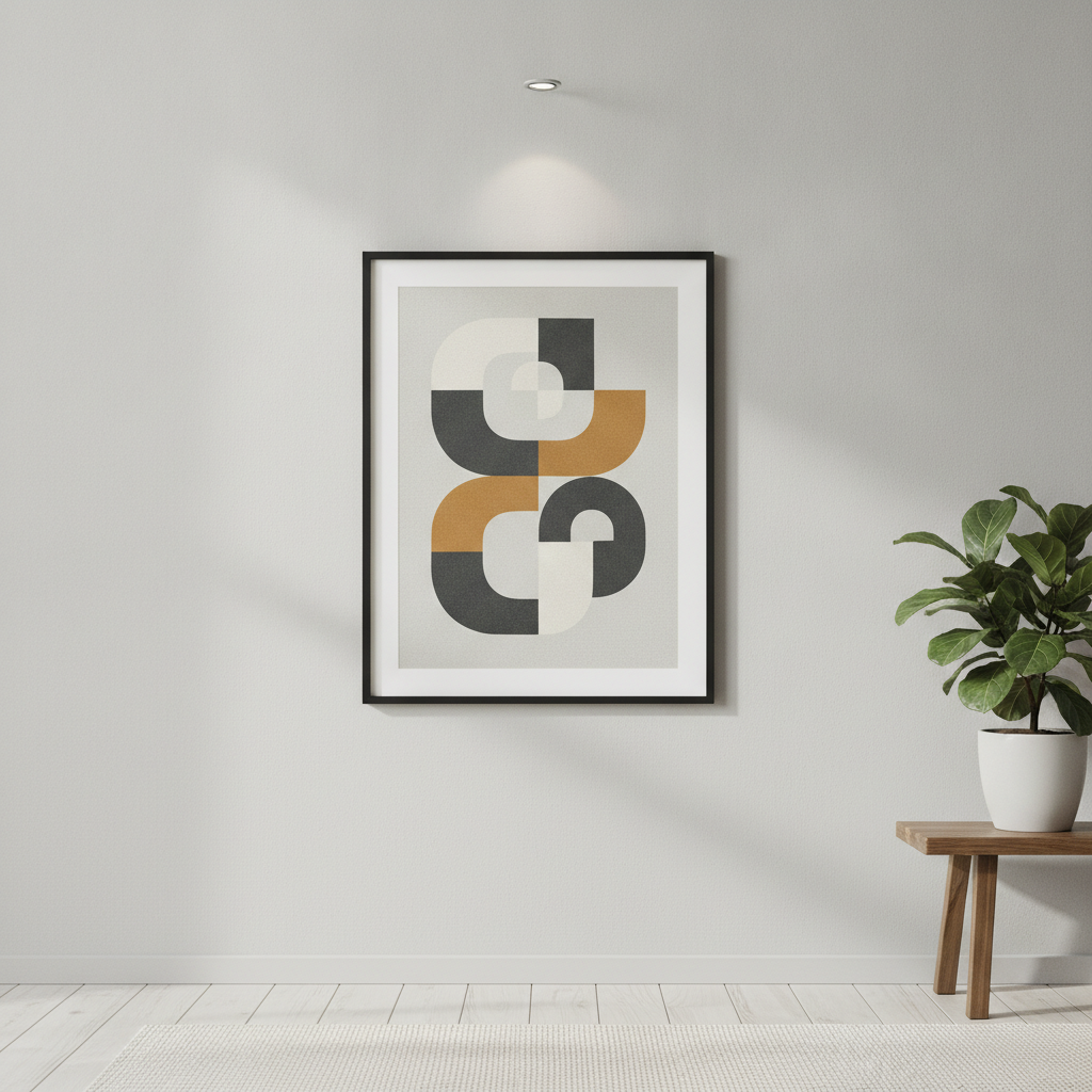 AI product mockup generator result — a framed art poster with a printed design hanging on a light gray wall