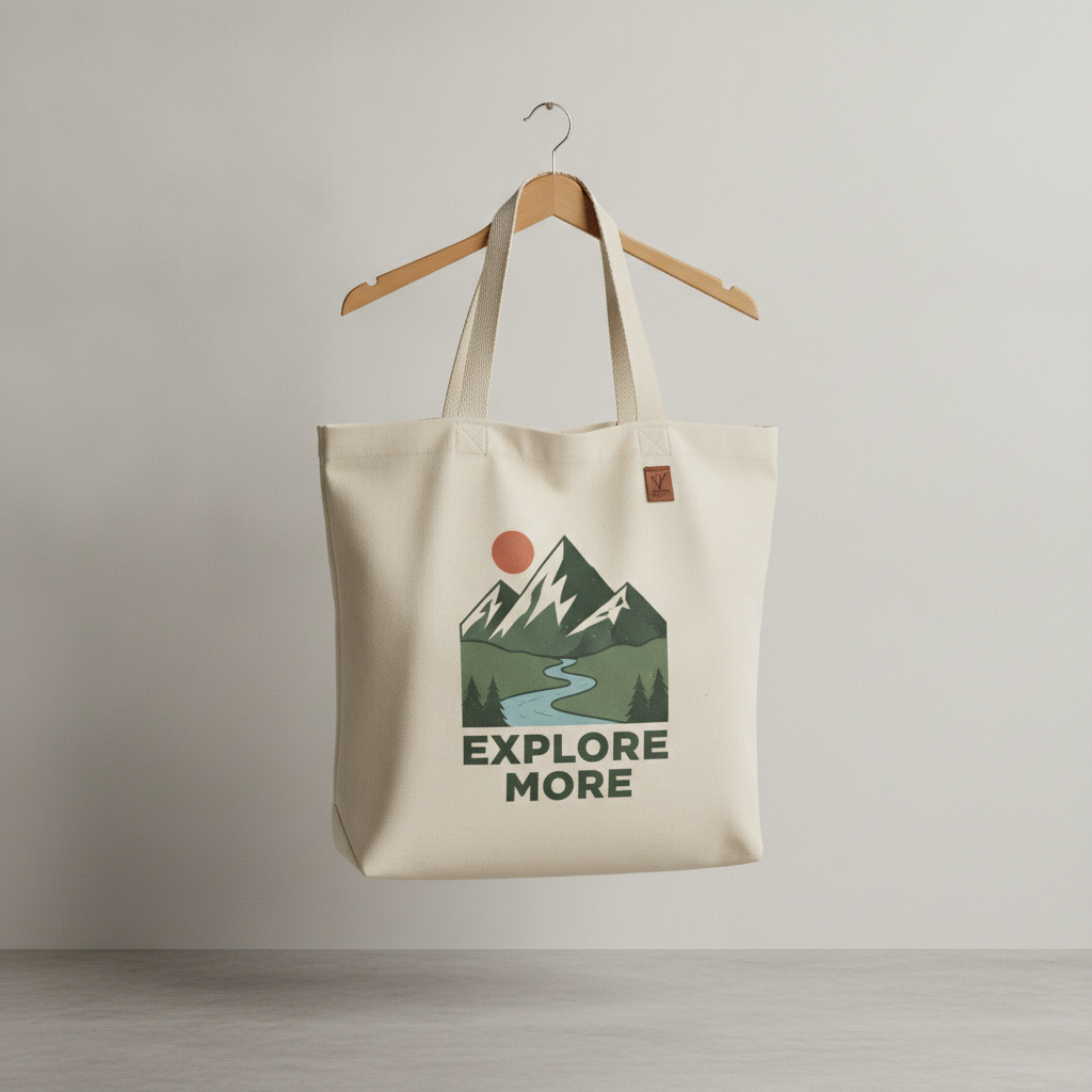 AI product mockup generator result — a canvas tote bag with a printed graphic design against a studio wall