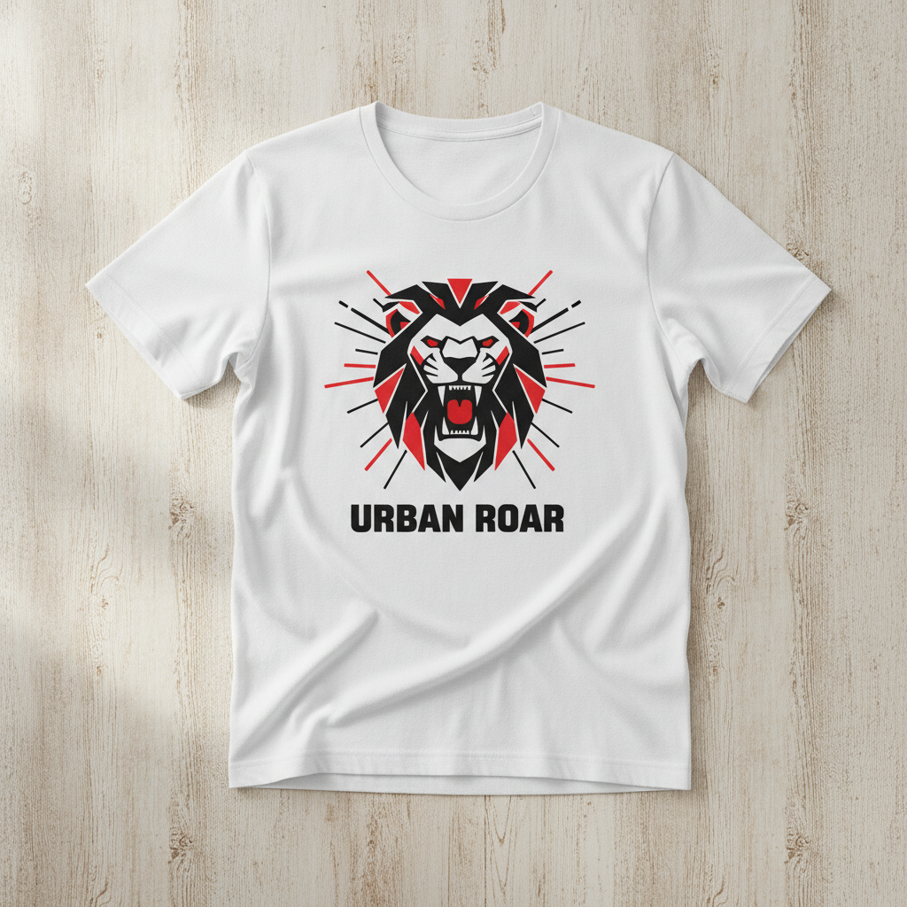 AI product mockup generator result — a white t-shirt with a graphic print shown as a flat lay product mockup