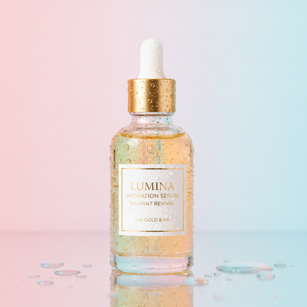 AI product photo enhancer result — a luxury skincare serum bottle on a soft pastel gradient with bright clean lighting