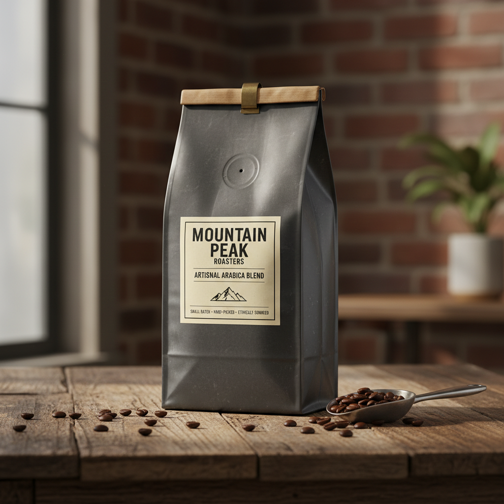 AI product photo enhancer result — a gourmet coffee bag on a rustic wooden table with warm natural lighting