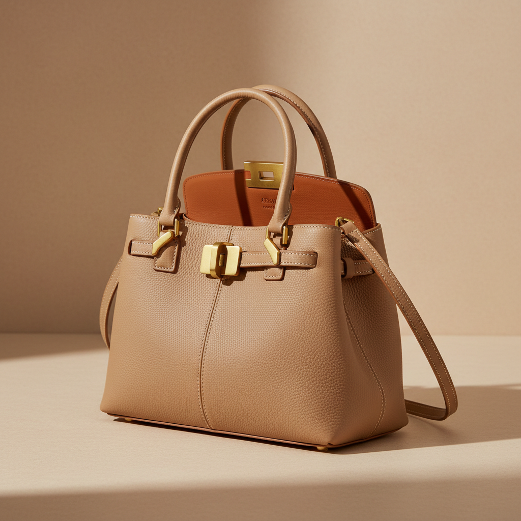 AI product photo enhancer result — a leather handbag on a minimalist beige backdrop with sharp stitching detail