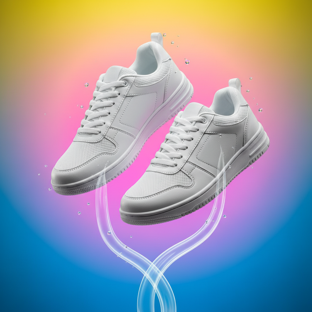 AI product photo enhancer result — white sneakers floating on a bright gradient background with dynamic studio lighting