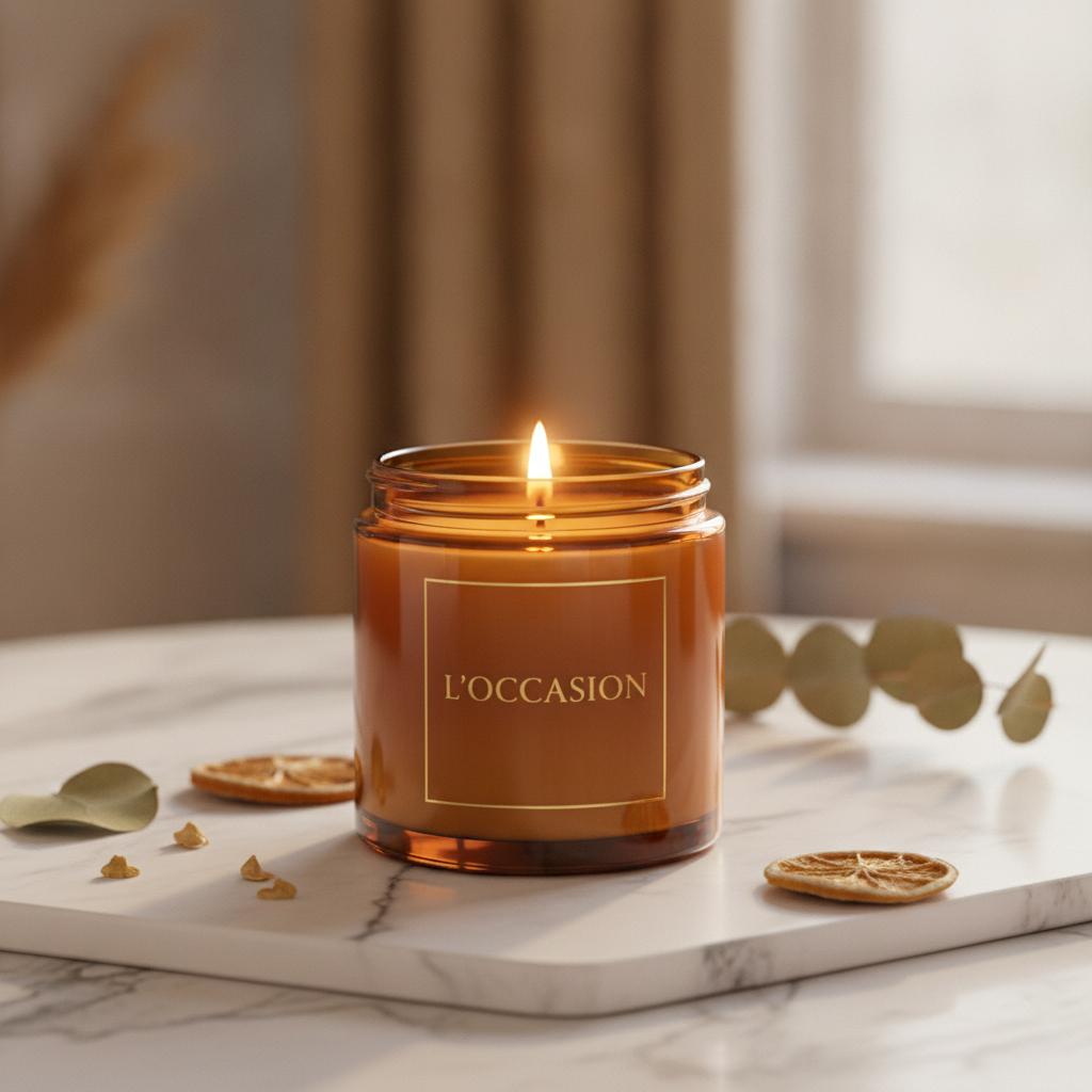 AI product photo enhancer result — a scented candle in an amber jar on a marble surface with soft glowing light