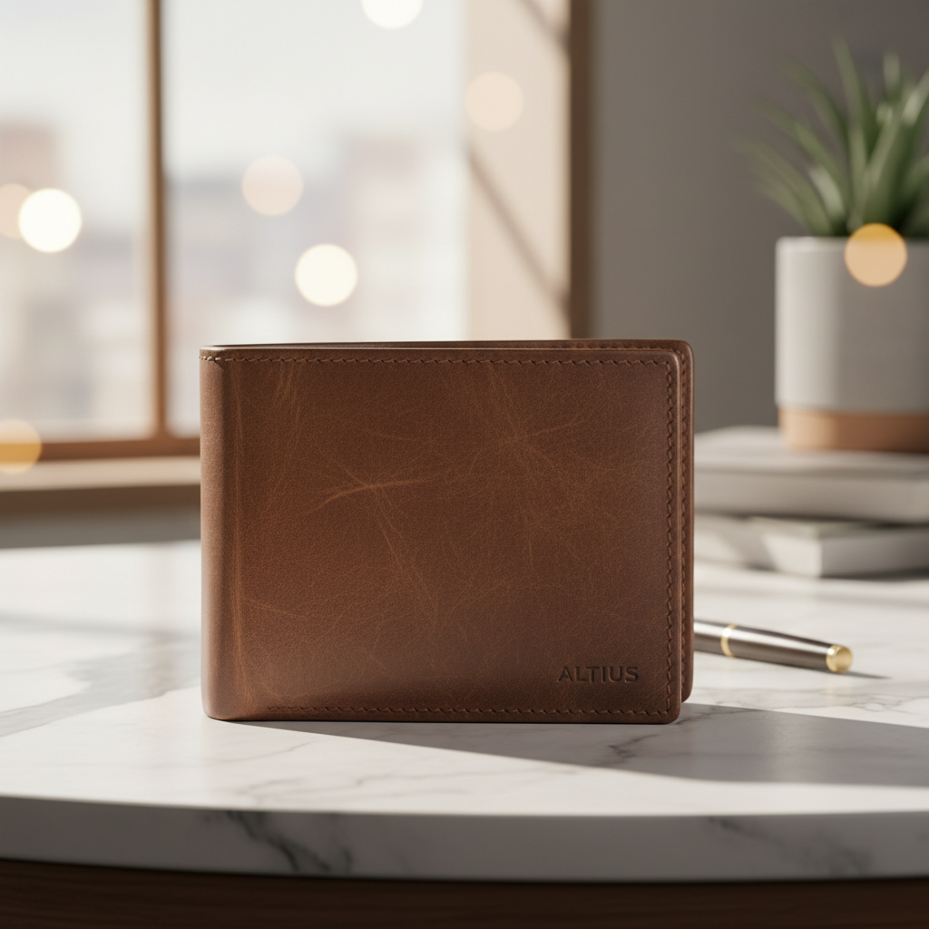 AI product photography enhancer lifestyle output of a premium leather wallet on a marble countertop with warm natural window light and subtle bokeh, modern editorial styling for online retailer detail page
