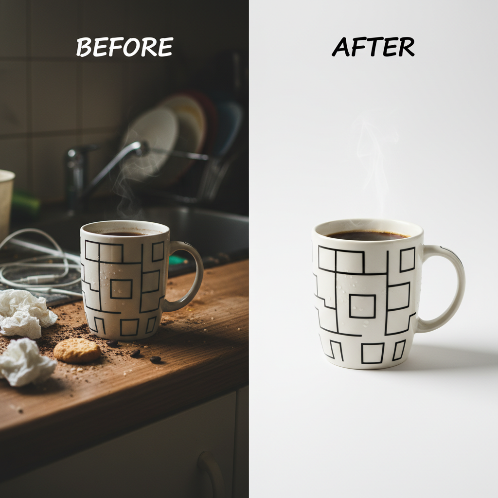 Before-and-after AI product photography enhancer comparison: dim cluttered amateur smartphone shot of a coffee mug on the left, brilliantly enhanced studio-grade AI product photography of the same mug on the right with white background and dramatic lighting