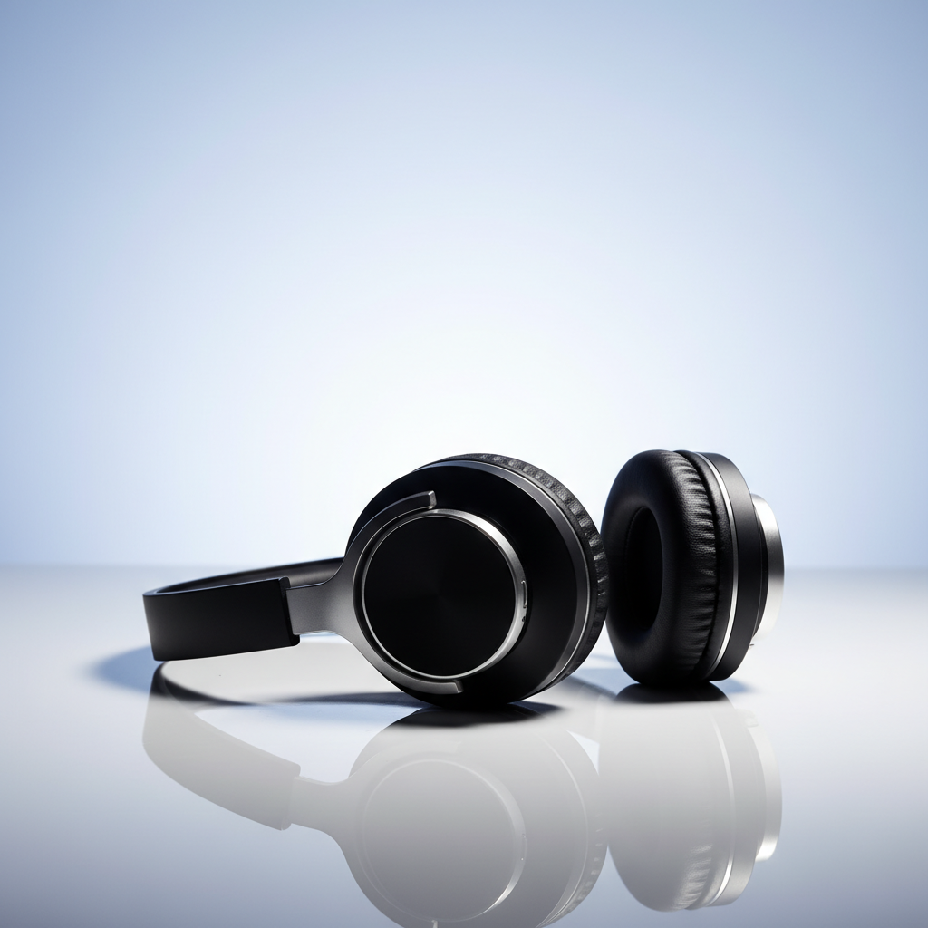 AI product photography enhancer hero shot of a sleek wireless headphone with crystal clear reflections on a glossy white surface, soft gradient background, dramatic side lighting, optimized for product photo editing AI commercial use