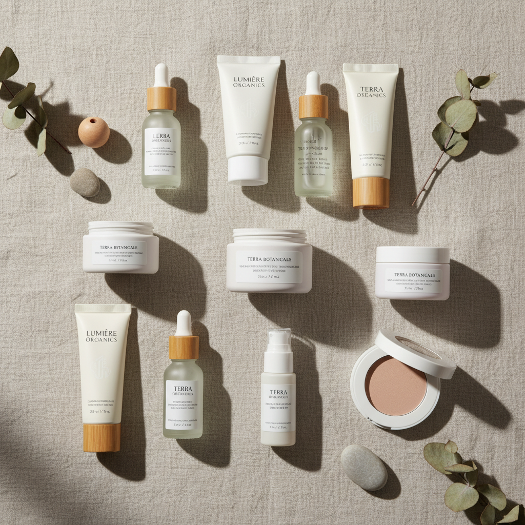 AI product photography enhancer flat-lay top-down composition of skincare and cosmetic products arranged on a soft beige textured background with eucalyptus leaves and natural shadows, optimized for e-commerce hero banners