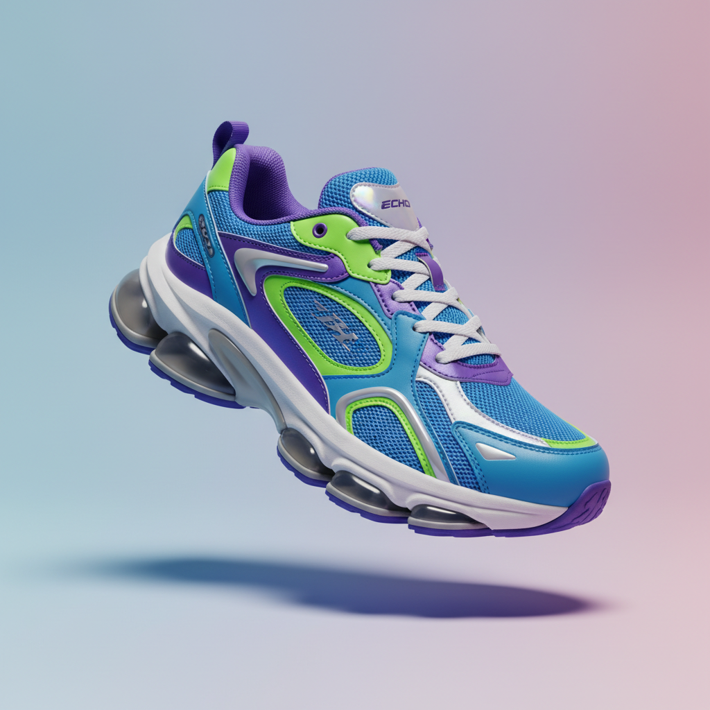 AI product photography enhancer premium output of a sneaker floating against a soft pastel gradient background with crisp shadow, dynamic angle, vivid color accuracy, ultra sharp 4K commercial finish for online retailer