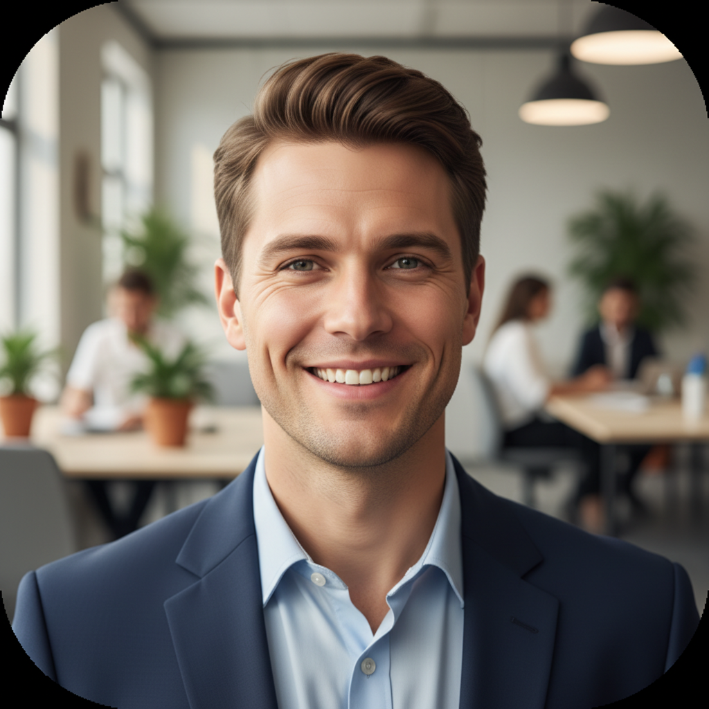 AI profile picture creator result — a friendly LinkedIn-ready avatar with warm lighting and a soft blurred office background