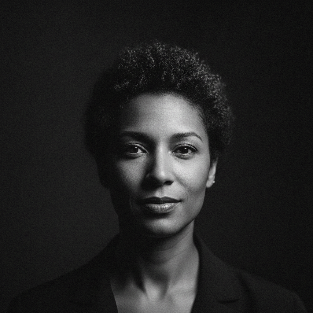 AI profile picture maker example — a black and white editorial profile picture with dramatic side lighting