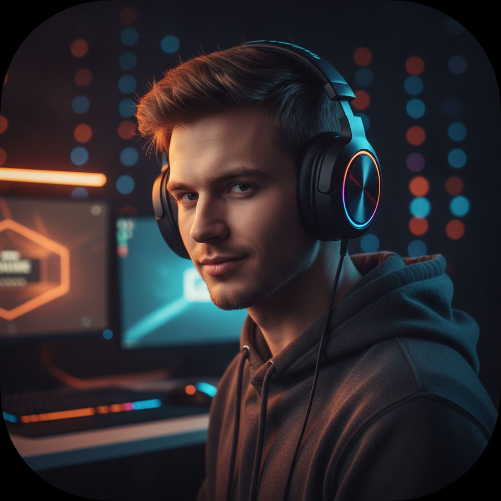 AI profile picture maker example — a gaming profile picture with headphones and neon RGB rim lighting