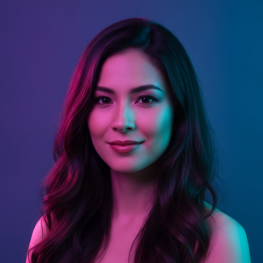 AI profile picture maker example — a vivid profile picture lit with magenta and cyan gradient studio lighting