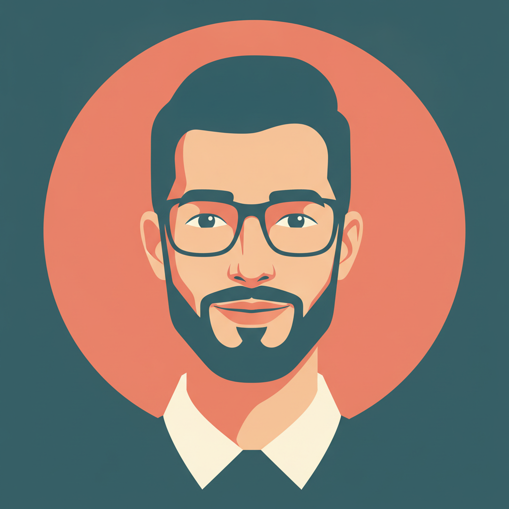 AI profile picture maker example — a selfie redrawn as a flat vector illustrated avatar with bold outlines