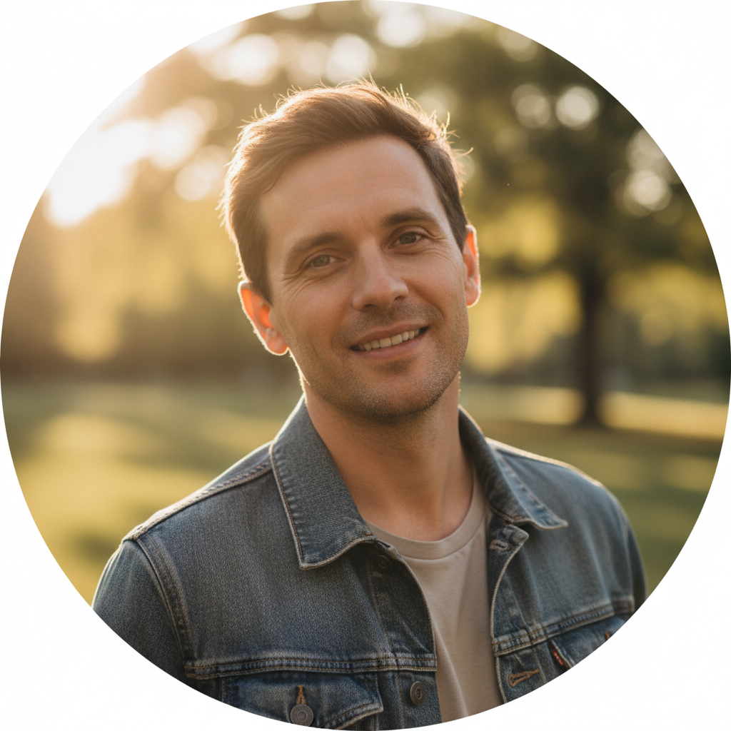 AI profile picture maker example — a golden hour outdoor profile picture with softly blurred greenery behind