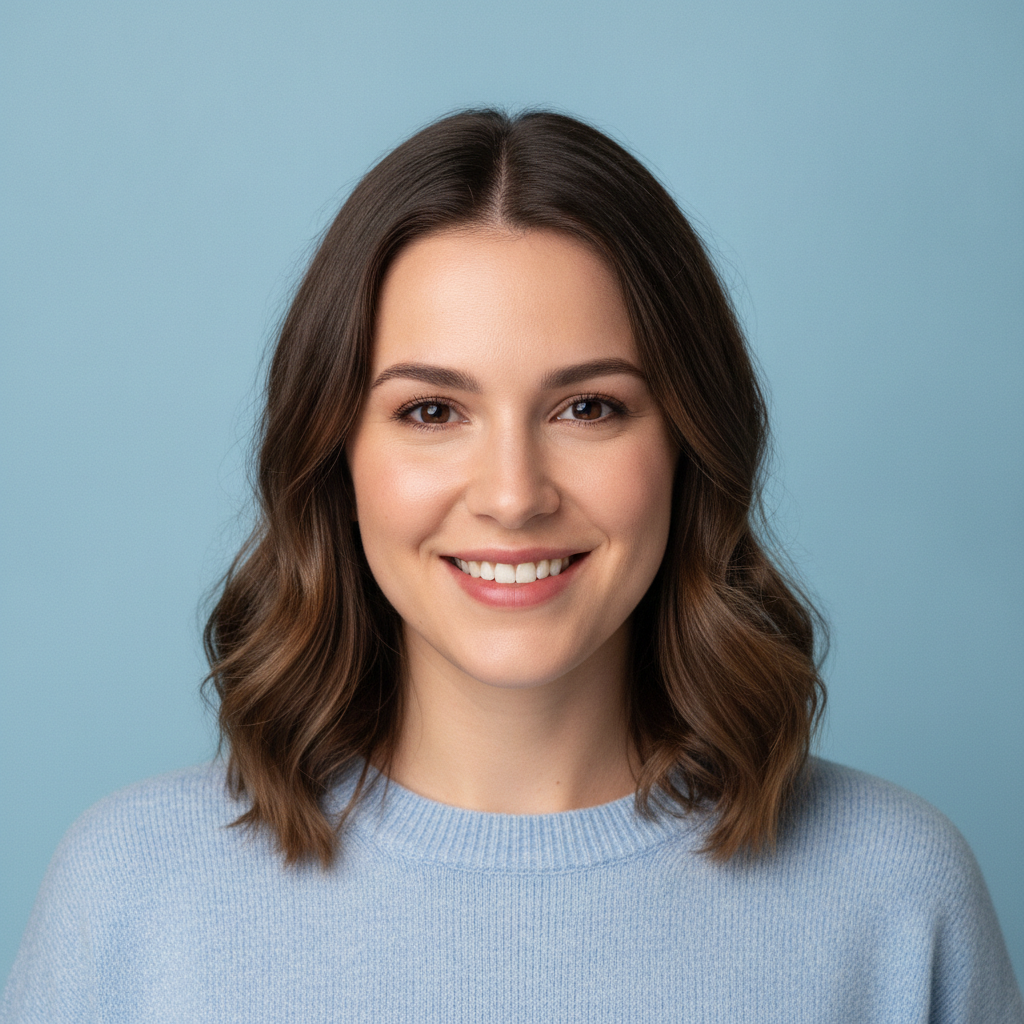 AI profile picture maker example — a selfie turned into a clean studio profile picture on a pastel blue backdrop