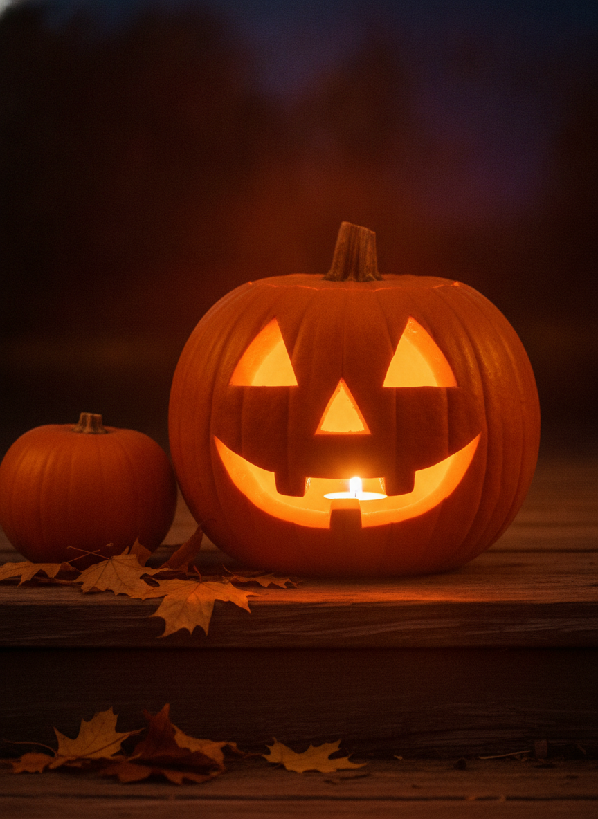 A carved orange pumpkin lit from inside by candlelight on a dark porch step, showing how a bold chunky stencil design reads once it is cut and glowing
