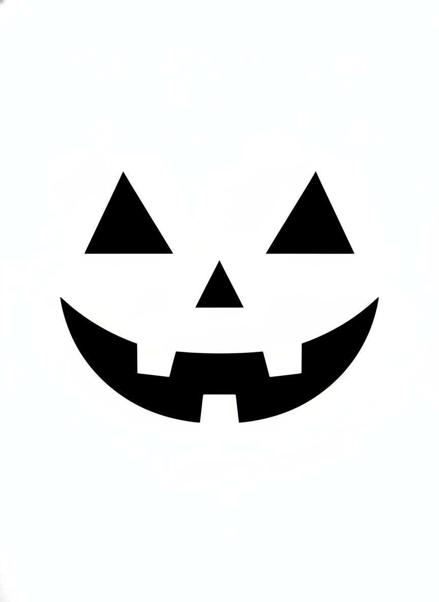 AI pumpkin carving stencil generator example — a classic jack o lantern face template in solid black on white, with triangular eyes, a triangular nose and a grinning toothed mouth