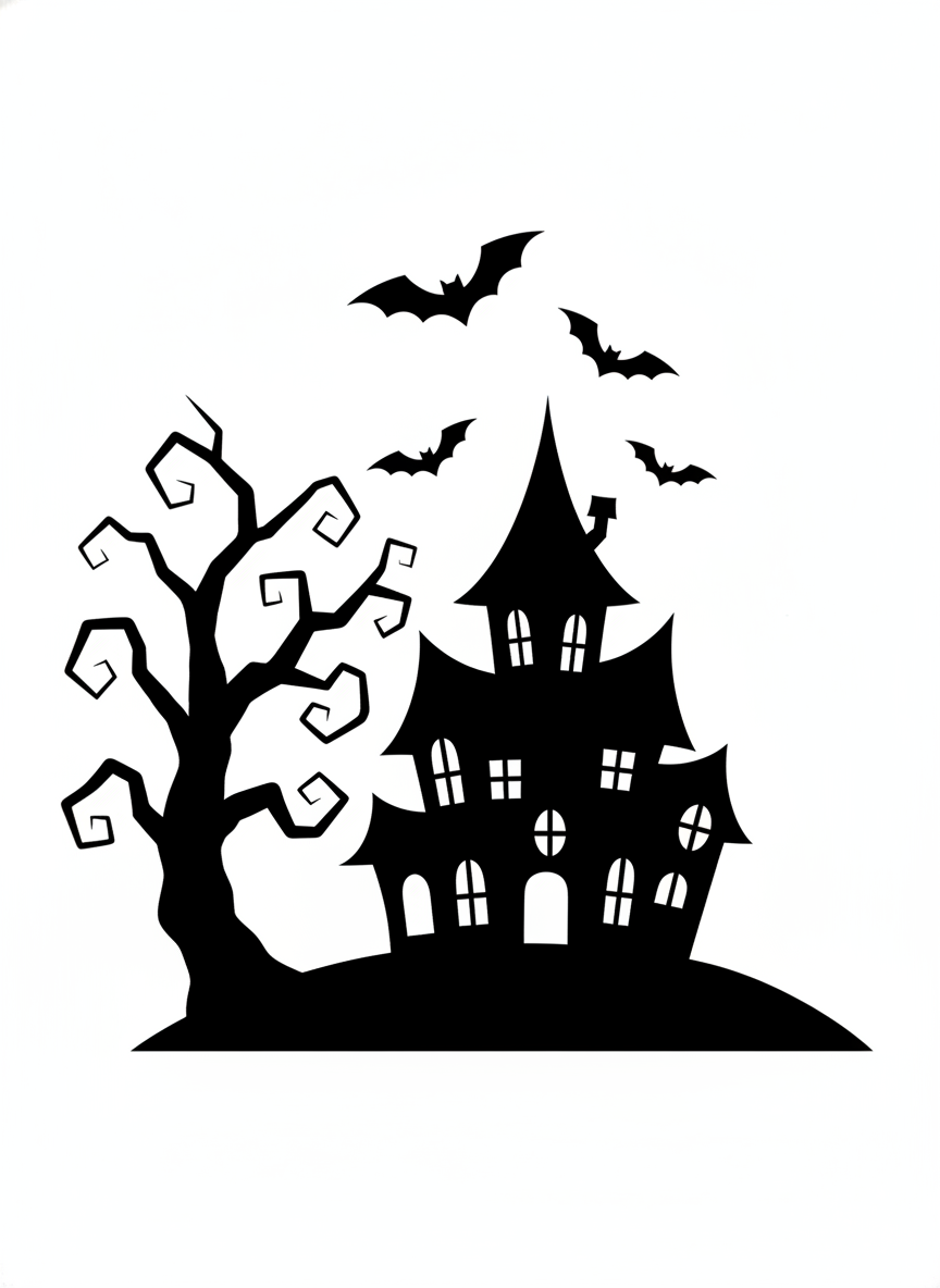 Halloween pumpkin stencil example — a haunted house on a hill with a bare crooked tree and four bats, rendered as a connected black silhouette whose small white windows are unbridged islands that would need connecting before carving