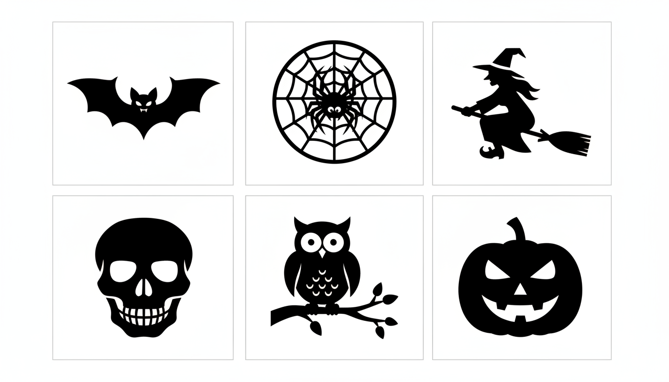 A printable pumpkin carving stencil sheet with six matched black and white Halloween templates arranged in a grid