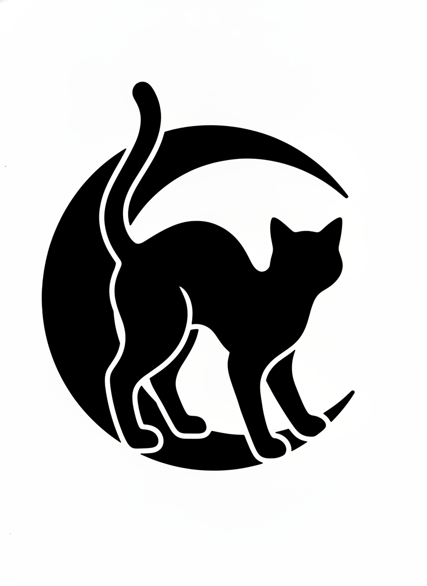 Printable pumpkin carving template example — a black cat silhouette arching its back on a crescent moon, drawn as connected solid black shapes on white