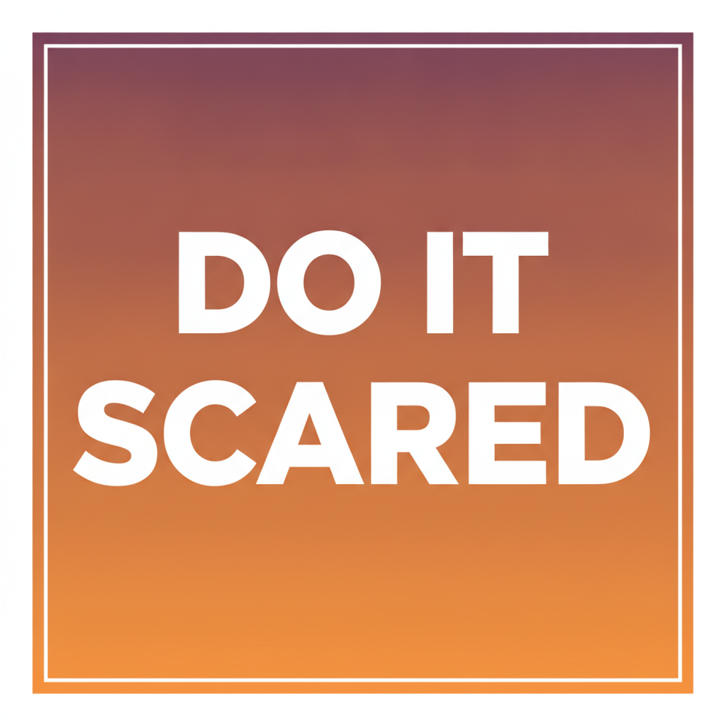 Motivational quote generator example — bold uppercase white type on a purple to orange gradient square with a thin white border