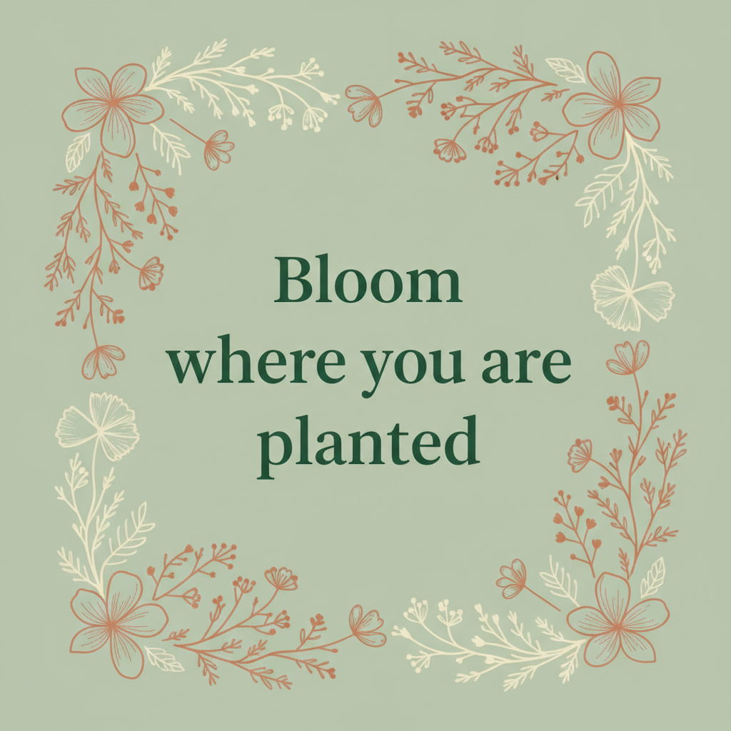 Quote graphic maker example — deep green serif type on sage with a hand drawn wildflower and leaf border in terracotta and cream