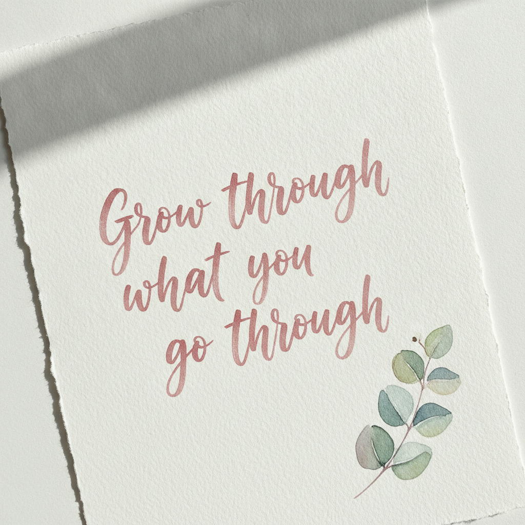 Aesthetic quote maker example — dusty rose brush script lettering on textured watercolour paper with a loose eucalyptus sprig
