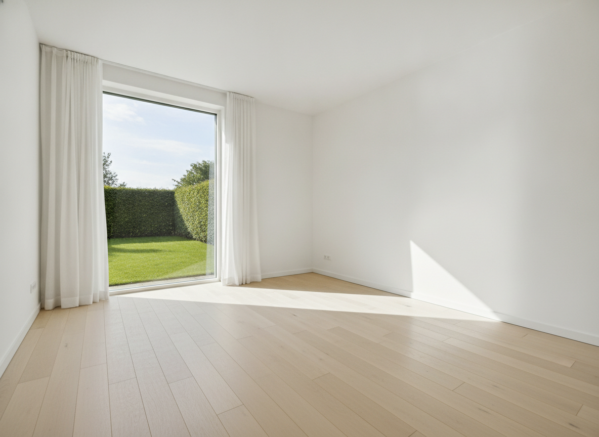 AI real estate photo editor output — an empty bedroom with pale floorboards and white walls, a broad band of sunlight across the floor, and the lawn, hedge and blue sky readable through the full height window