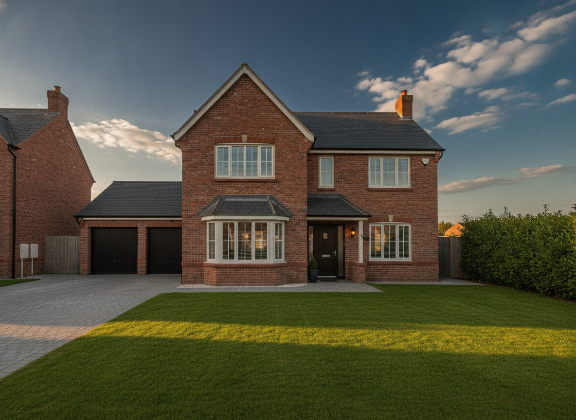 AI listing photo enhancer output — a red brick suburban house photographed straight on at golden hour under a deep blue sky with scattered cloud, trimmed lawn and clean block paved driveway