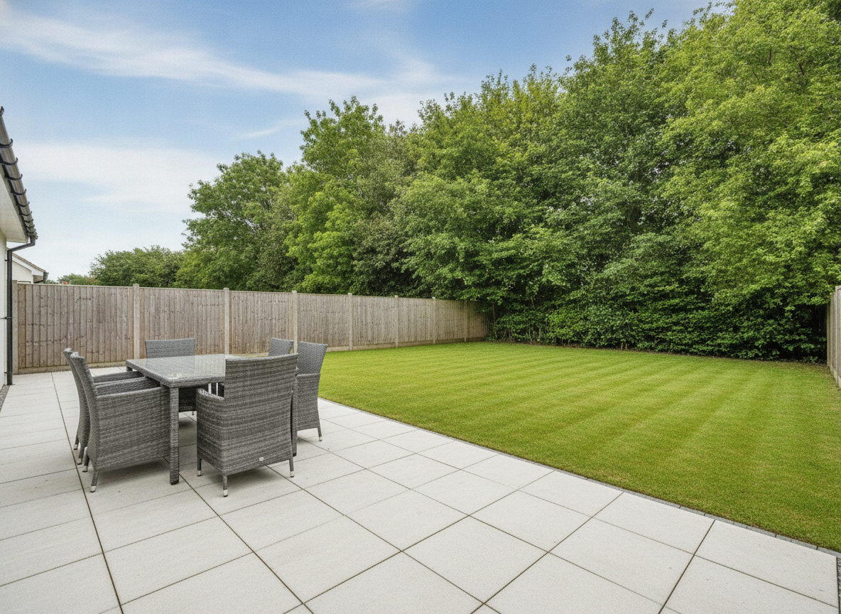 AI property photo editing example — a tidy back garden with a striped lawn, timber fence and a grey rattan dining set on clean paving under a blue sky, where six chairs appear instead of the four requested