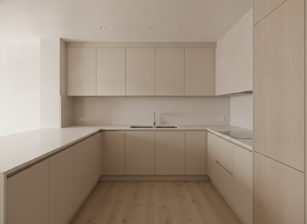 Declutter room photo AI example — a modern handleless kitchen with completely clear worktops, even lighting across the whole run and no shadow under the wall units