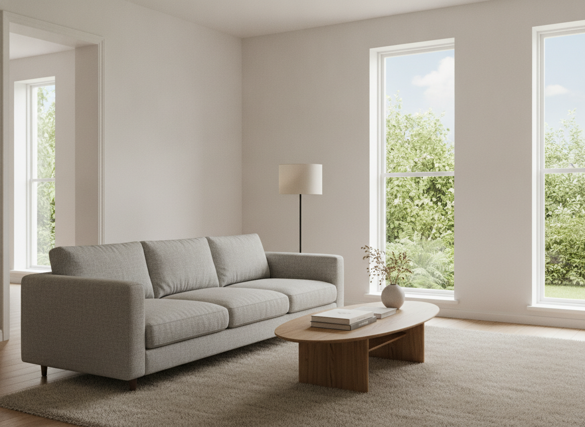 AI real estate photo editor output — a bright living room with a grey sofa and oval oak table, where the green garden and a blue sky read clearly through both tall windows instead of burning out to white