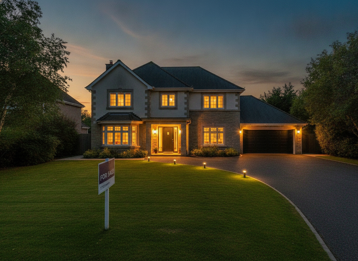 Twilight real estate photo editing example — a detached house at dusk with warm light glowing from every window and a FOR SALE board on the lawn carrying two lines of invented illegible text beneath the correctly spelled headline
