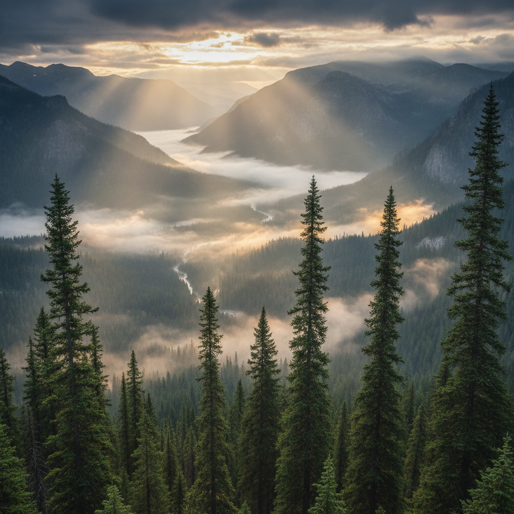 AI realistic image generator result — a photorealistic misty mountain valley at sunrise with golden light
